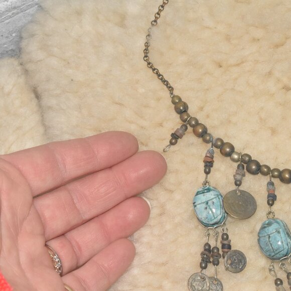 Vintage Scarab Charm Gold Coin Necklace - Picture 2 of 6